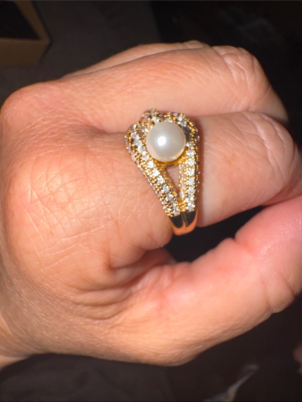 bp Gold-Tone Pearl and Clear Stone Split Shank Ring